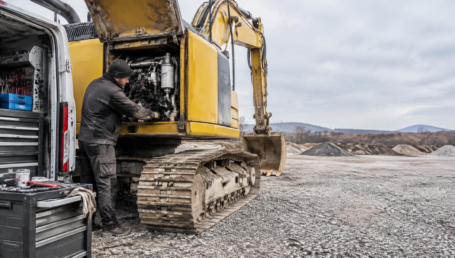 Mechanik opravuje stavební stroj přímo v místě nasazení